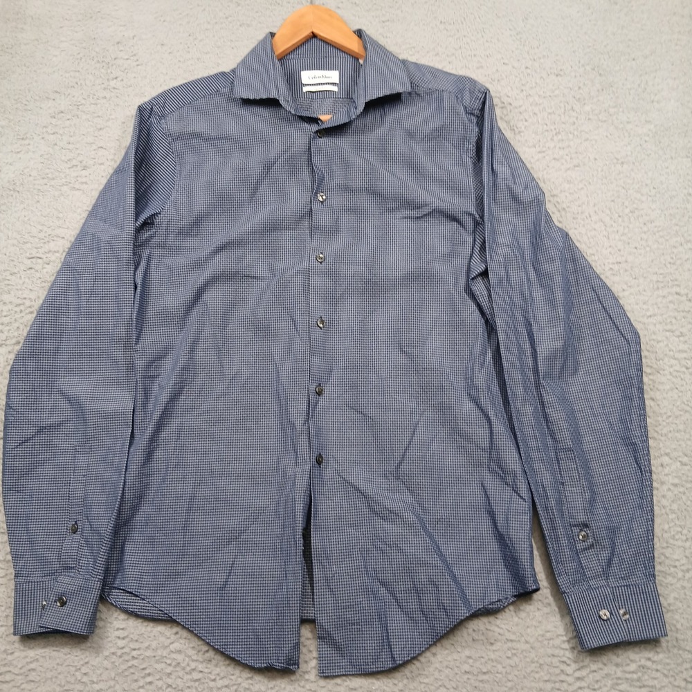 Calvin Klein Men's Slim Fit Shirt 15.5 34/35 Blue Plaid Check Long Sleeve